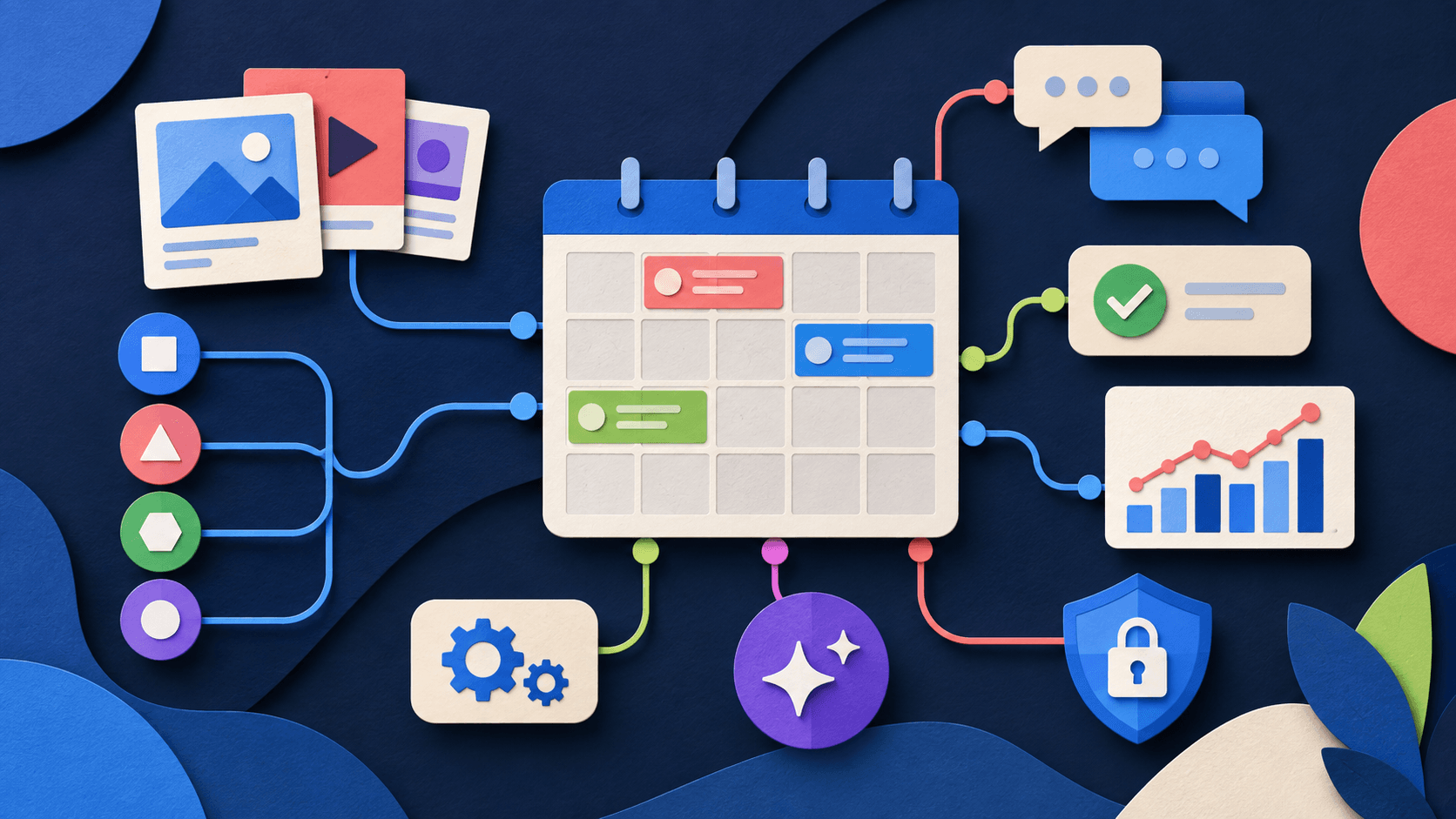 Vista Social review: social publishing, engagement, analytics, and AI Paper-cut editorial illustration of a social media calendar connected to content cards, inbox messages, approval, analytics, AI assistance, automation, and security