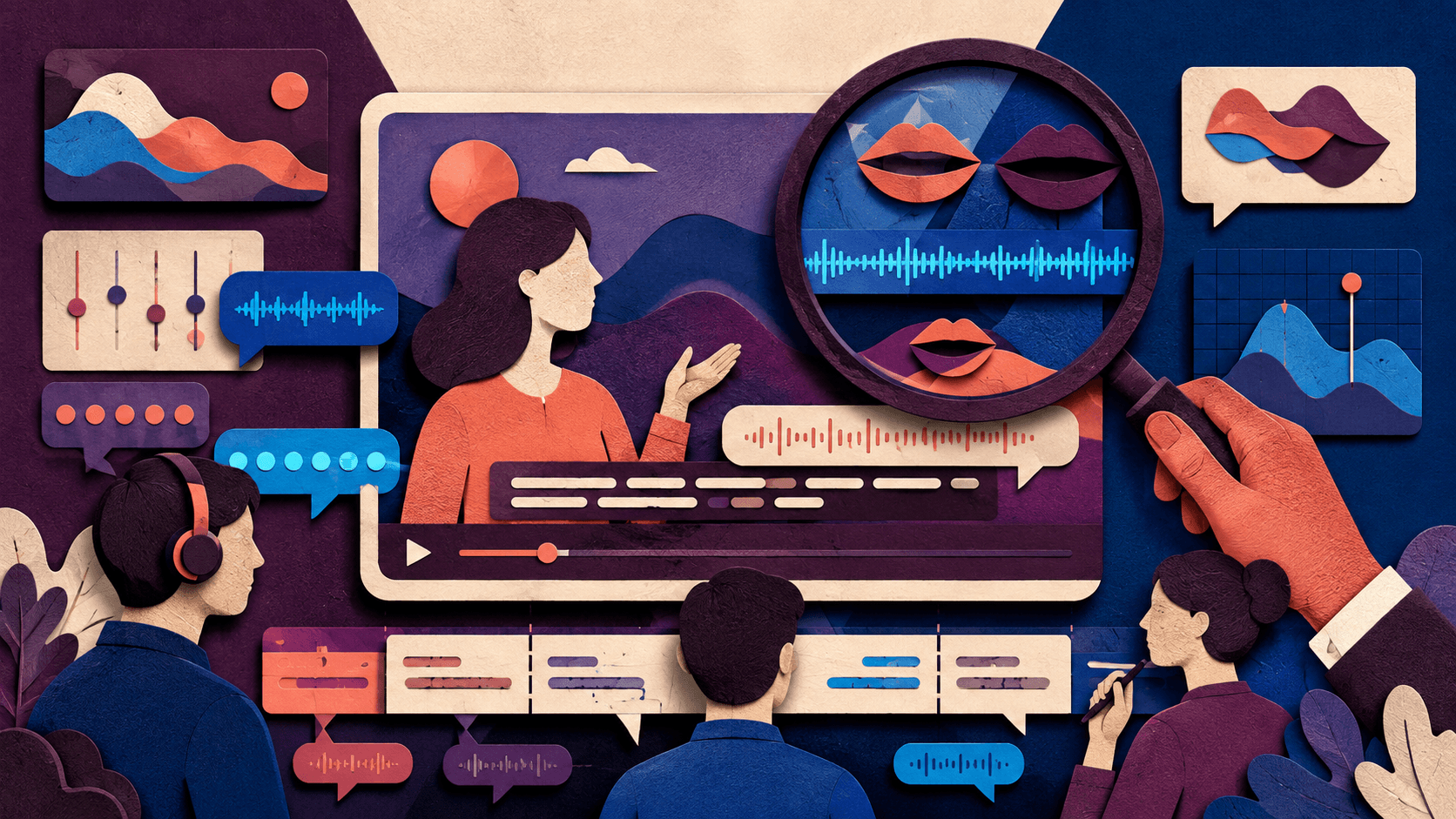 Vozo AI Review 2026: Video Translation and Lip Sync Paper-cut multilingual video studio aligning translated speech, subtitles, lips, and on-screen text under a human review lens