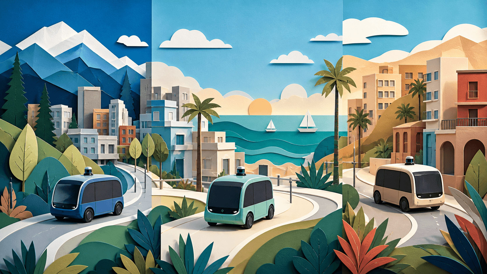 Autonomous public rides across three distinct city environments Paper-cut triptych of unbranded autonomous vehicles traveling through mountain, coastal, and warm bay cities