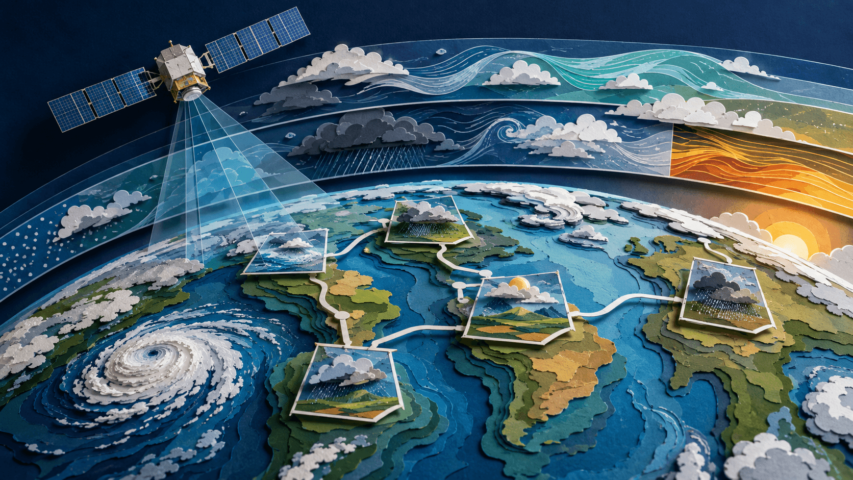Hourly satellite observations resolving into local weather decisions Paper-cut illustration of a satellite observing layered global weather systems and connected local forecasts
