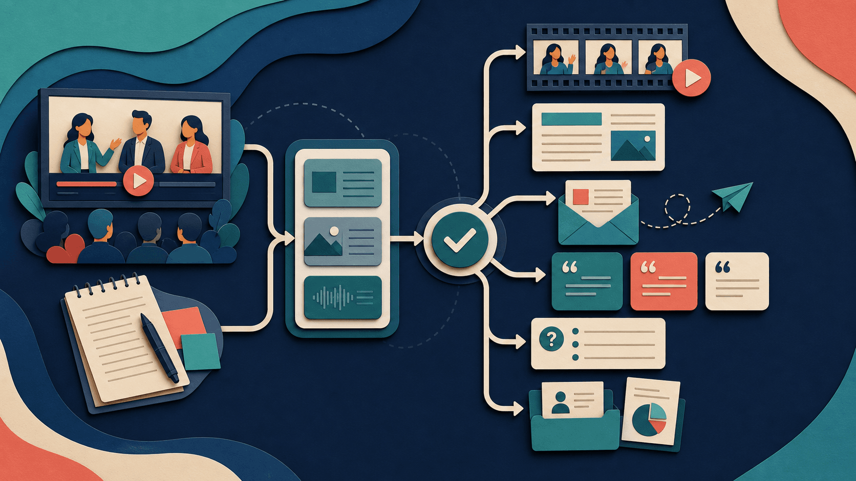 Webinar content repurposing checklist Editorial illustration of a recorded webinar branching through quality review into clips, an article, email, quote cards, FAQ, and sales assets
