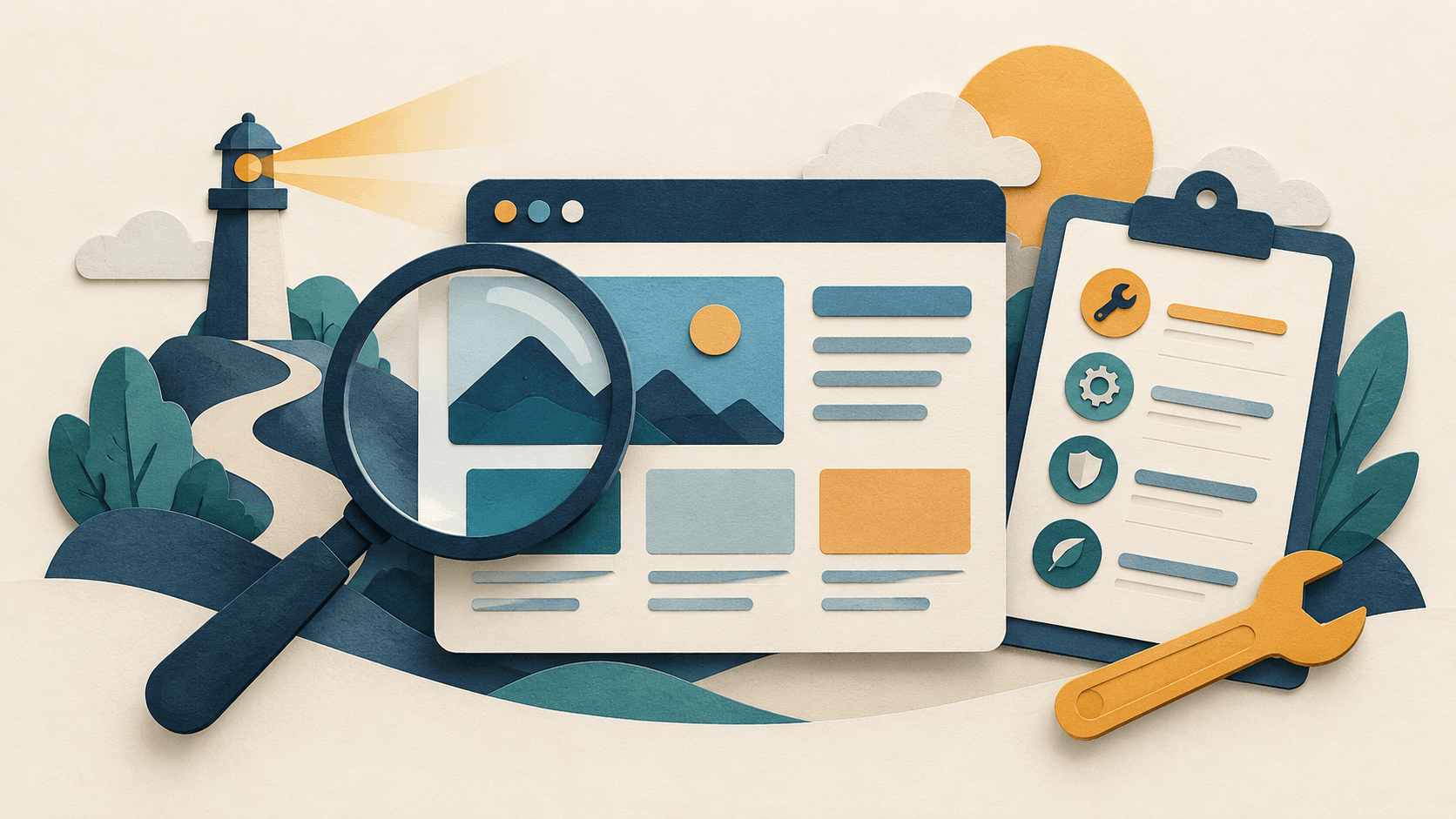 A miniature website under a magnifying glass beside a search beacon and repair checklist