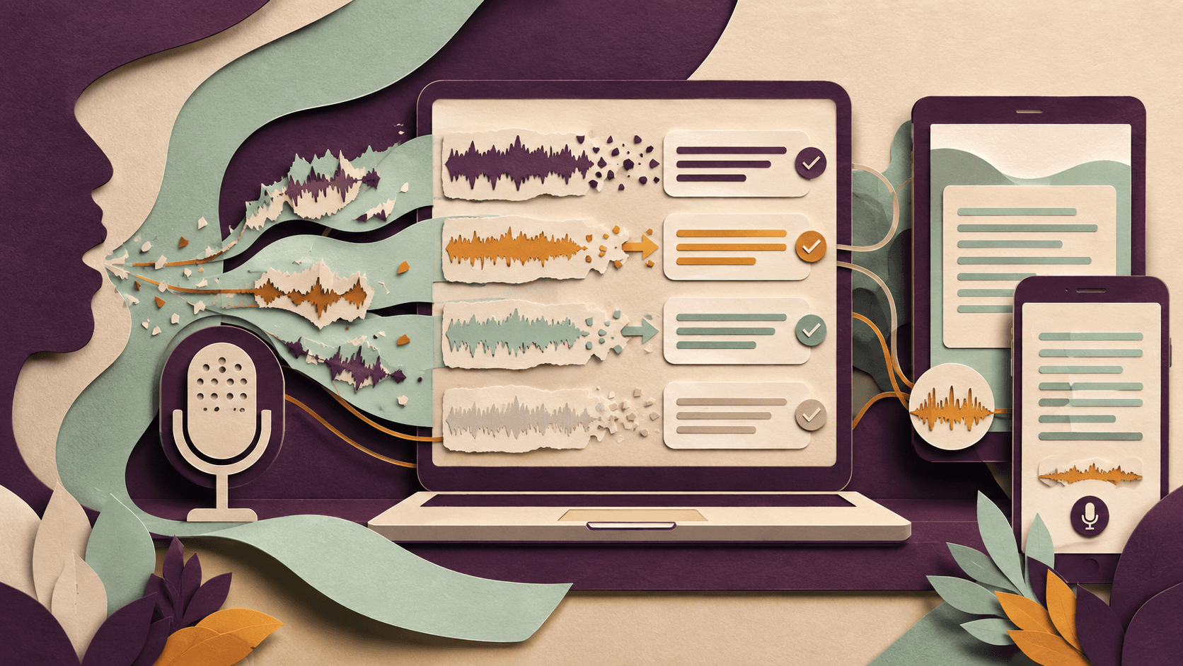 Willow Voice Review 2026: AI Dictation, Pricing, and Privacy Paper-cut audio fragments becoming corrected writing across desktop and mobile devices