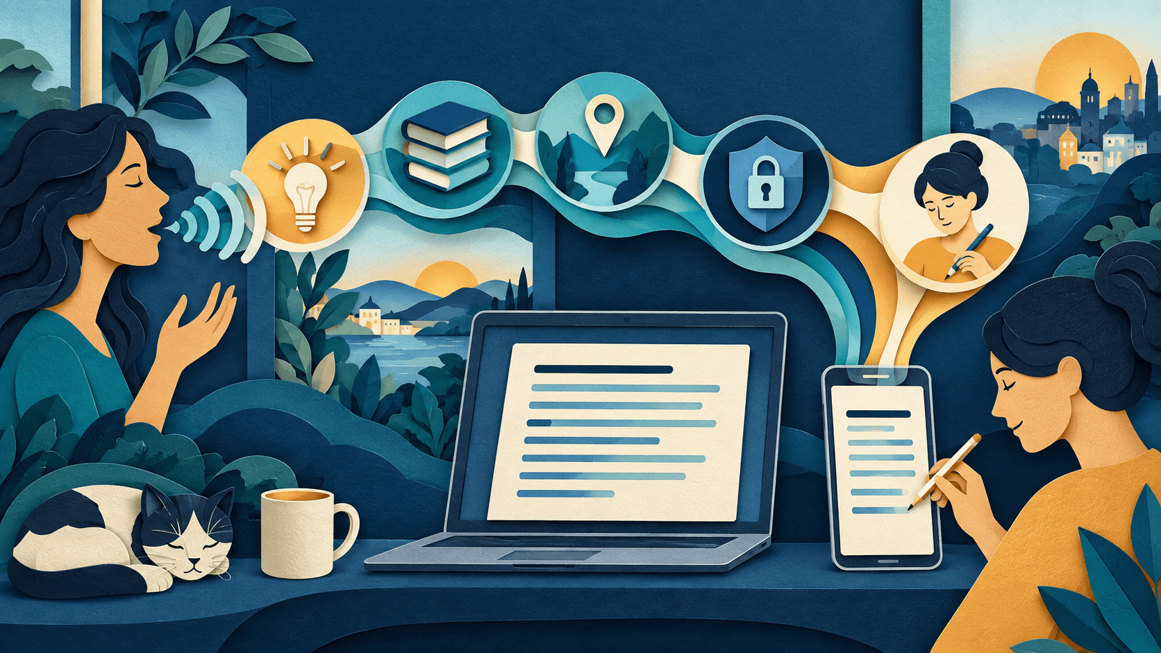 Wispr Flow Review 2026: Voice Dictation, Price, and Privacy Paper-cut editorial illustration of spoken ideas becoming polished text across devices with vocabulary, context, privacy, and human correction checkpoints