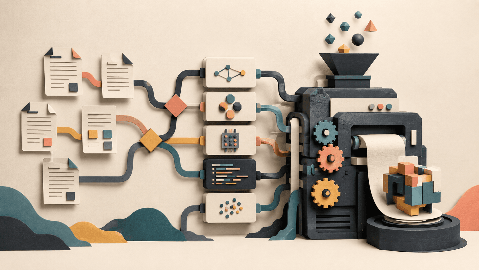 Wordware Review 2026: Visual AI Agent Builder and Pricing Paper-cut documents, logic branches, model blocks, and code modules feeding a deployable workflow machine