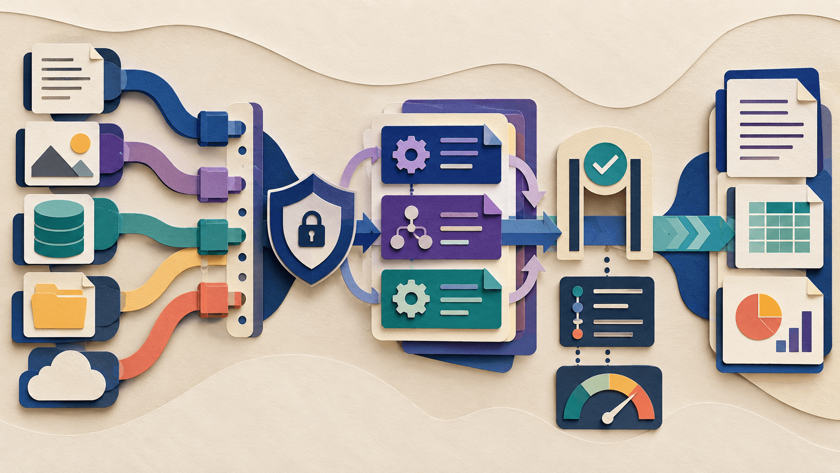 writer ai review 2026 Paper-cut editorial illustration of company knowledge flowing through permissioned connectors, governed agent playbooks, approvals, audit logs, cost controls, and accepted deliverables