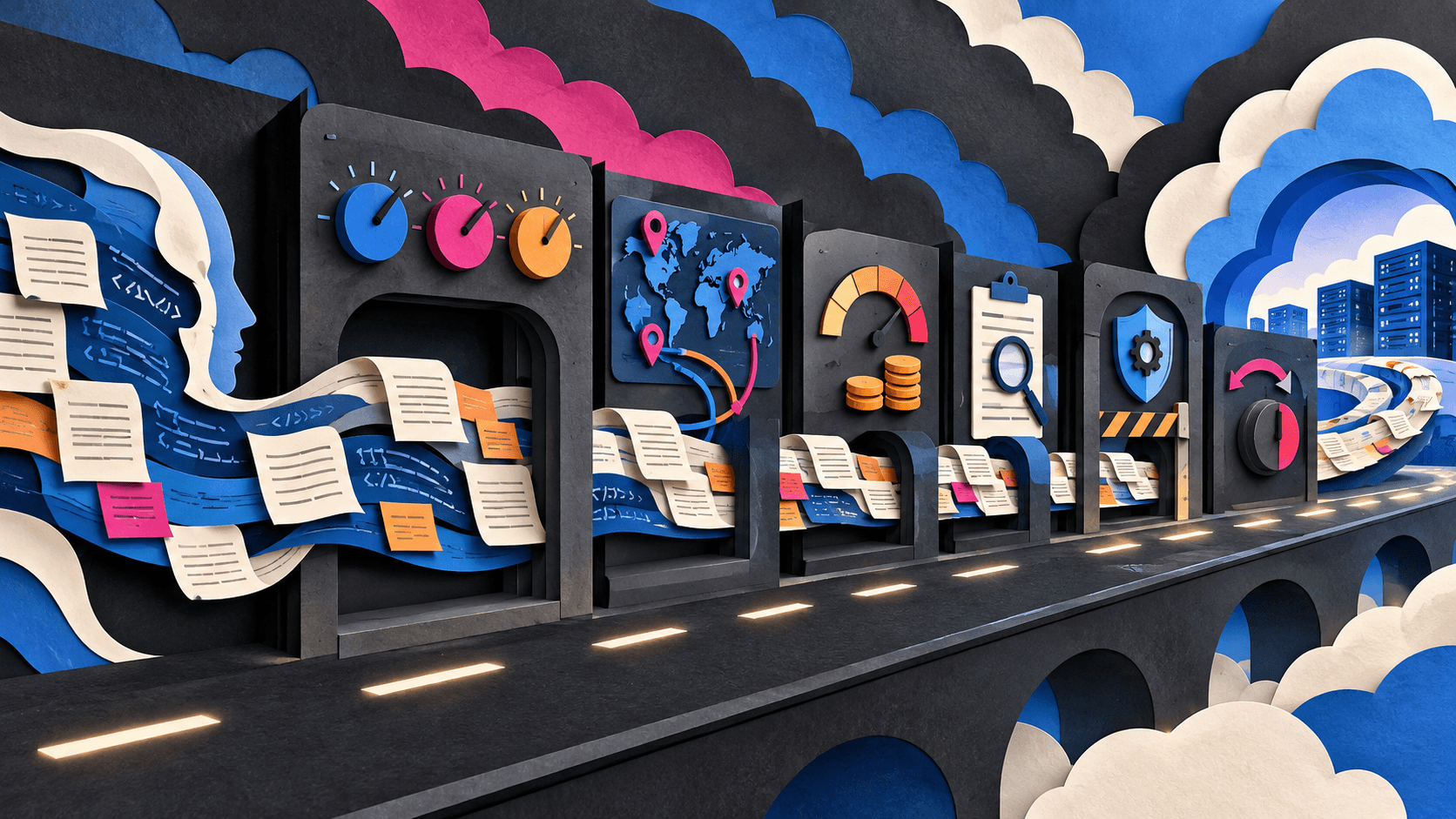 xAI Grok 4.6 Arrives on Amazon Bedrock for Long-Running Agents Paper-cut editorial illustration of a long-context model entering a managed cloud runway through reasoning, regional-routing, cost, evidence, tool-safety, and rollback checkpoints