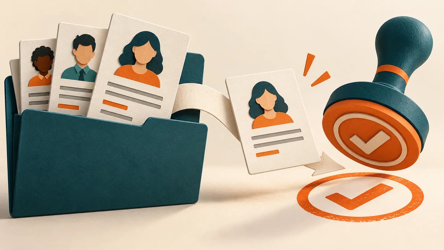 Portfolio cards connected to an organization approval stamp