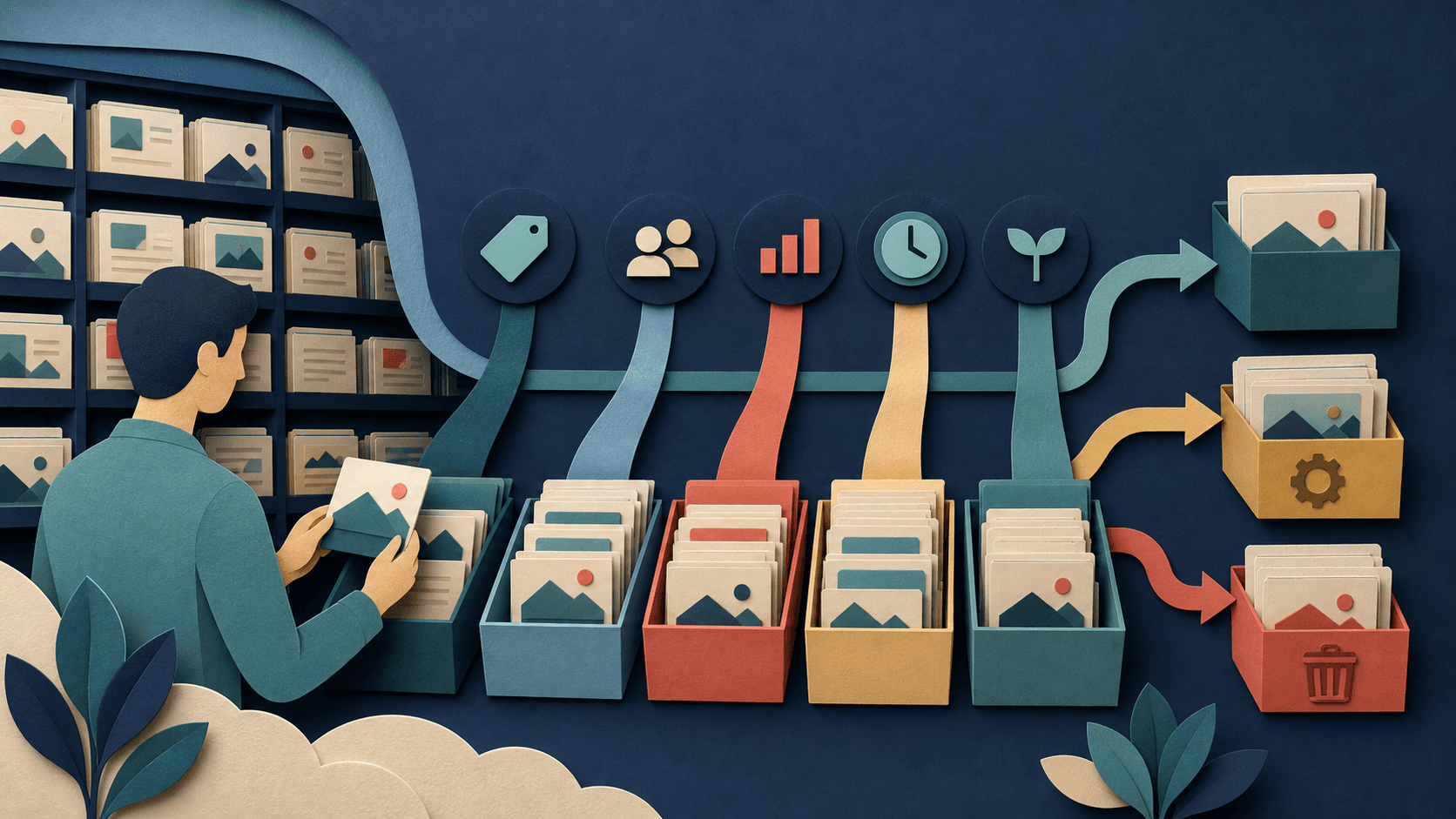 YouTube channel content audit Editorial illustration of a video channel library being sorted by topic, audience, performance, freshness, and keep-update-remove decisions
