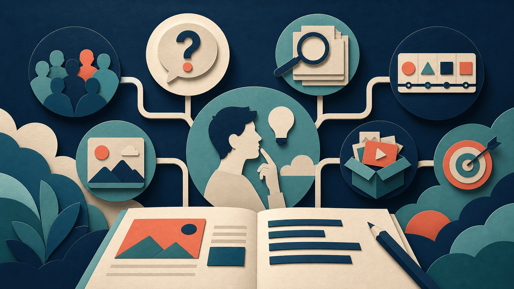 YouTube content brief planning template Editorial illustration of a video content brief connecting target audience, core question, evidence, structure, visual proof, packaging, and success criteria