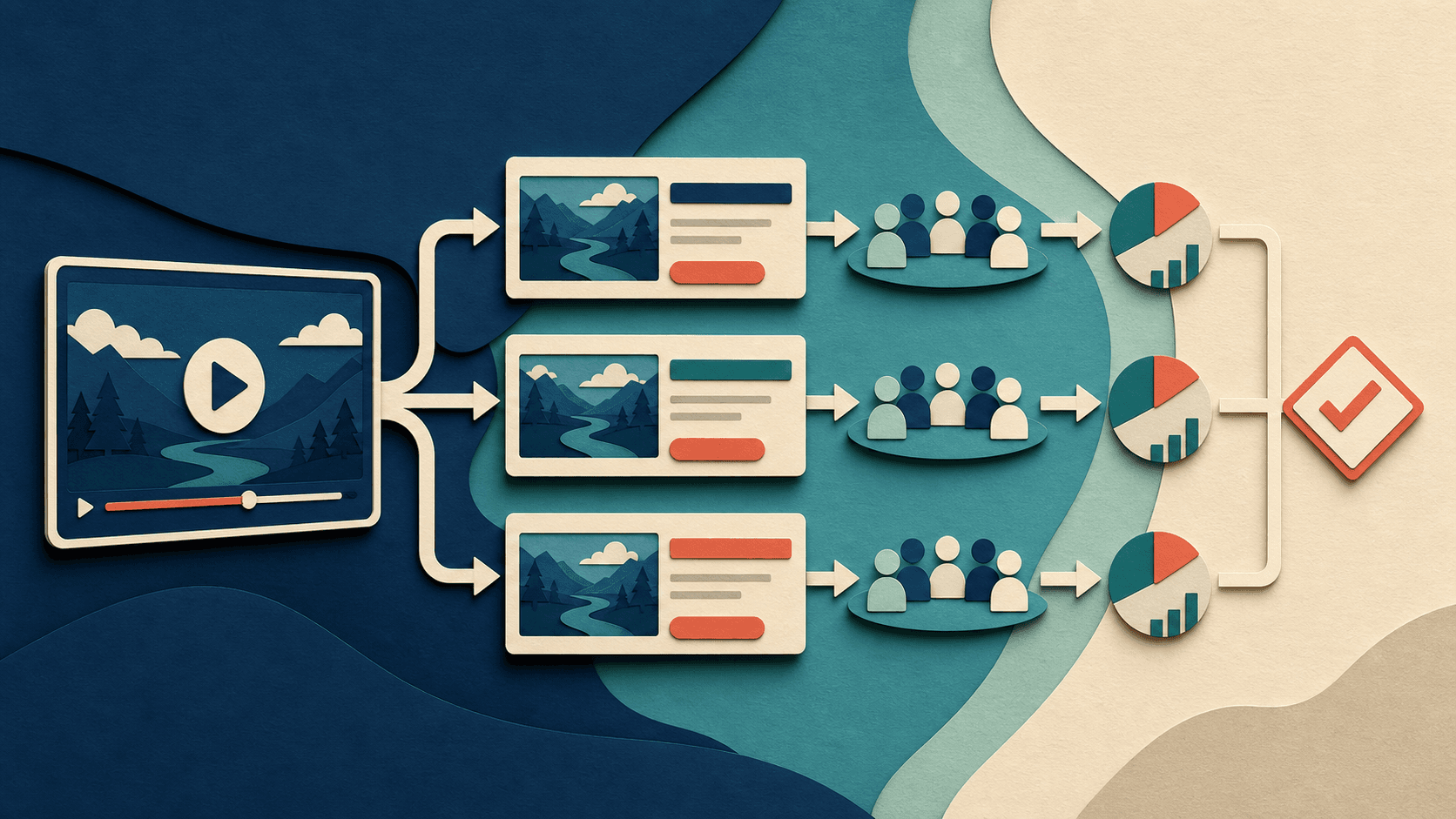 YouTube title testing framework Editorial illustration of one video branching into matched title candidates, audience tests, outcome charts, and a final selection