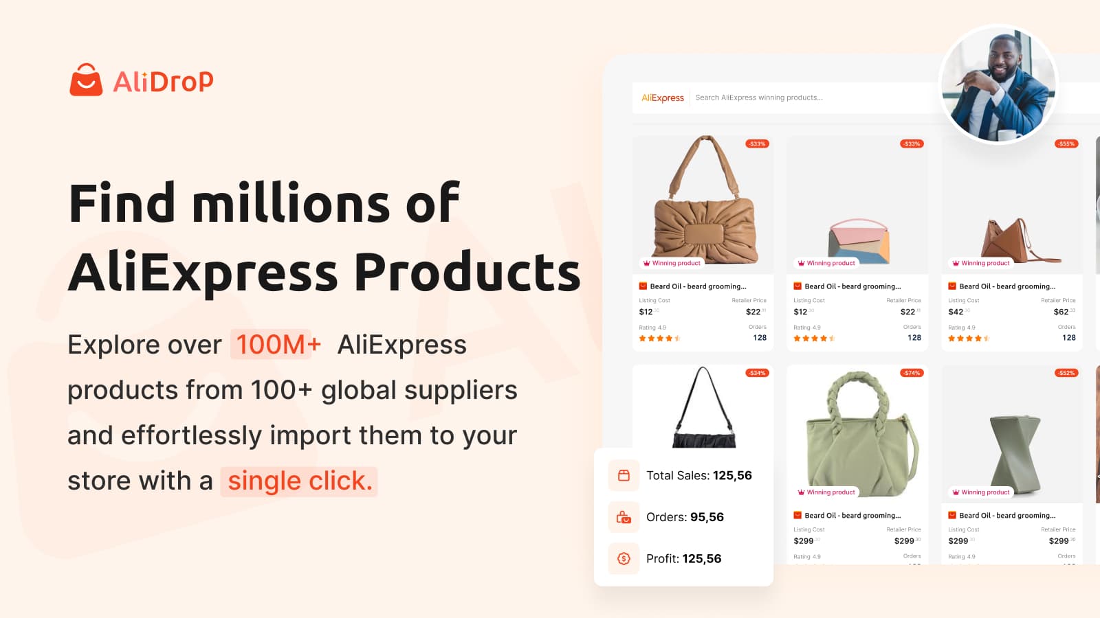 AliDrop product discovery and import promotion AliDrop promotional banner showing an AliExpress product search interface, product cards, and one-click import messaging