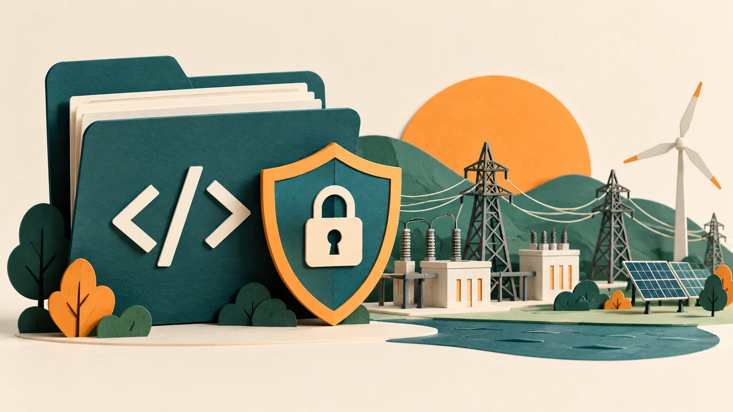 An open-source code folder and shield beside power infrastructure