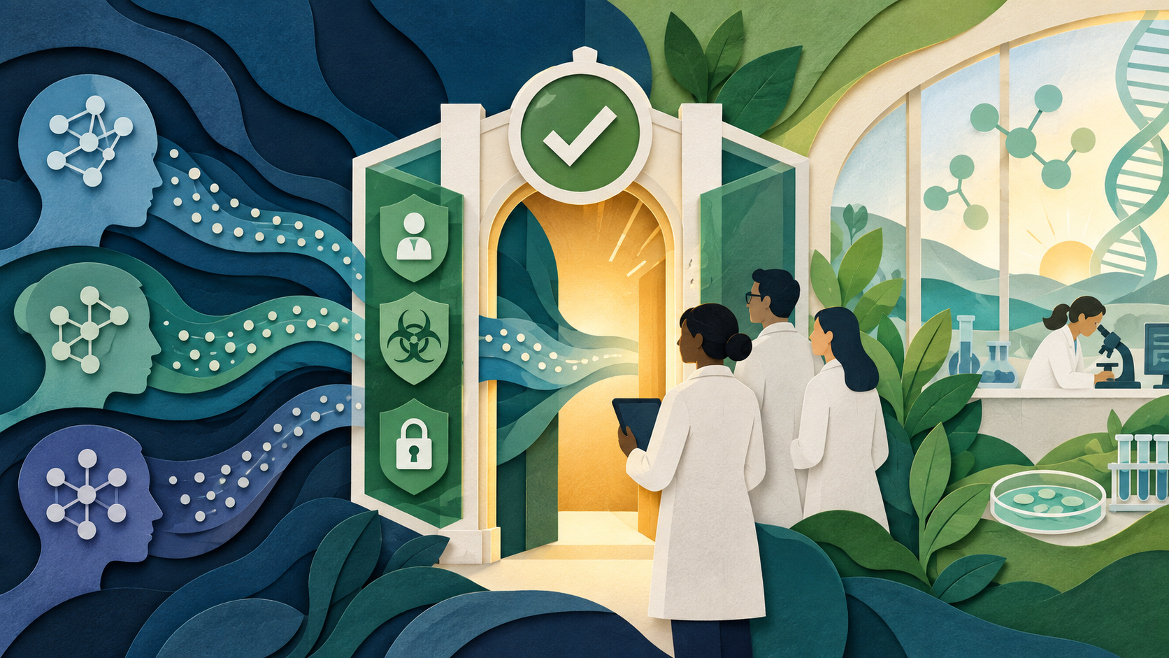 Abstract paper-cut editorial illustration of a verified gateway connecting AI models to biology research under credential, biosafety, privacy, and human-validation controls