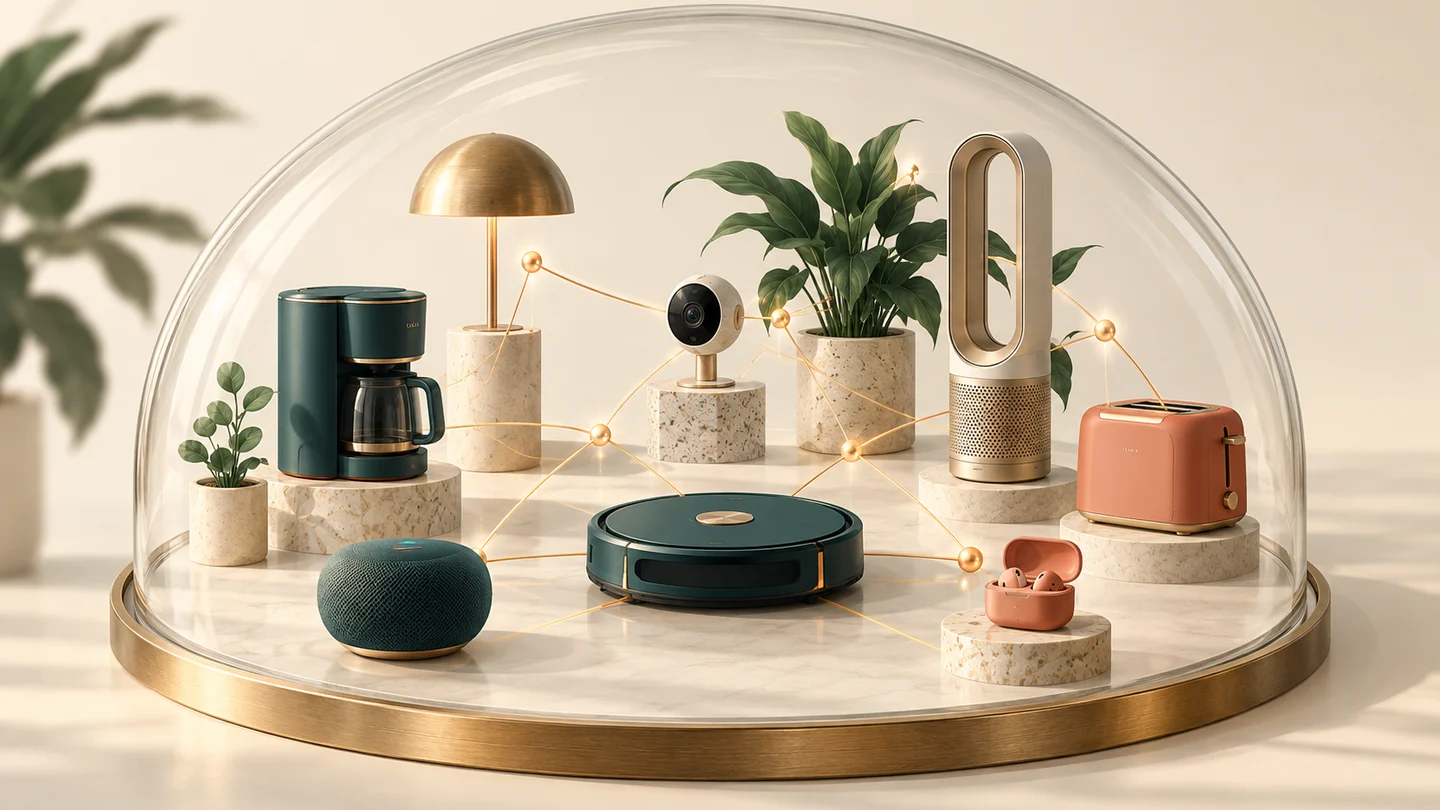 Small household electronics connected by subtle network threads contained within a glass boundary