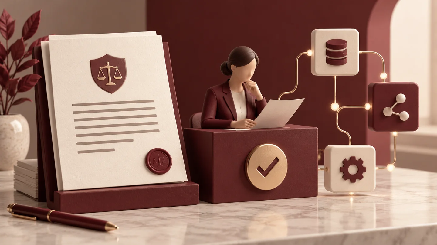 A policy document and human review checkpoint beside software nodes