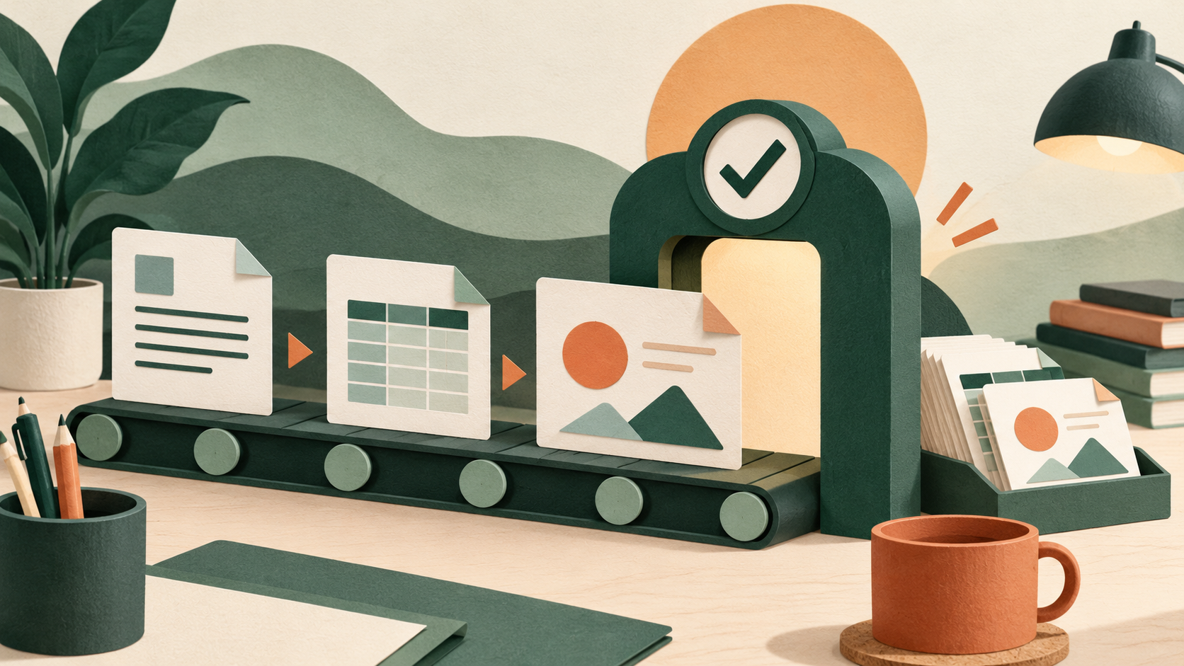 Document, spreadsheet and presentation cards passing through an approval gate