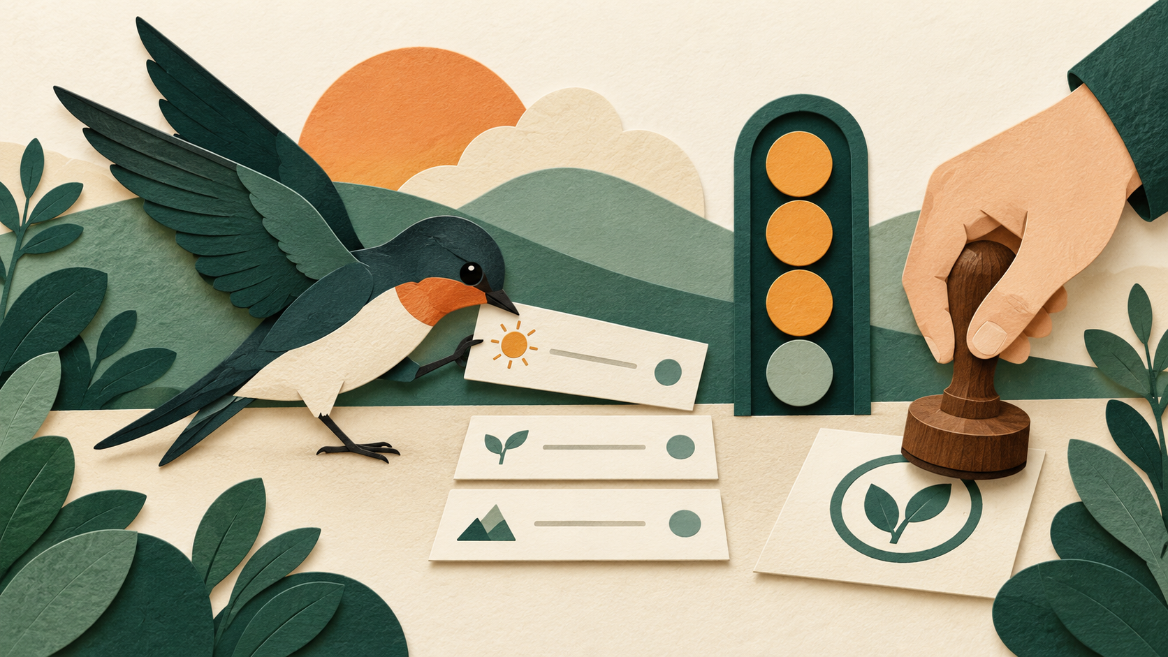 A small bird organizing short task cards beside a token meter and an approval stamp
