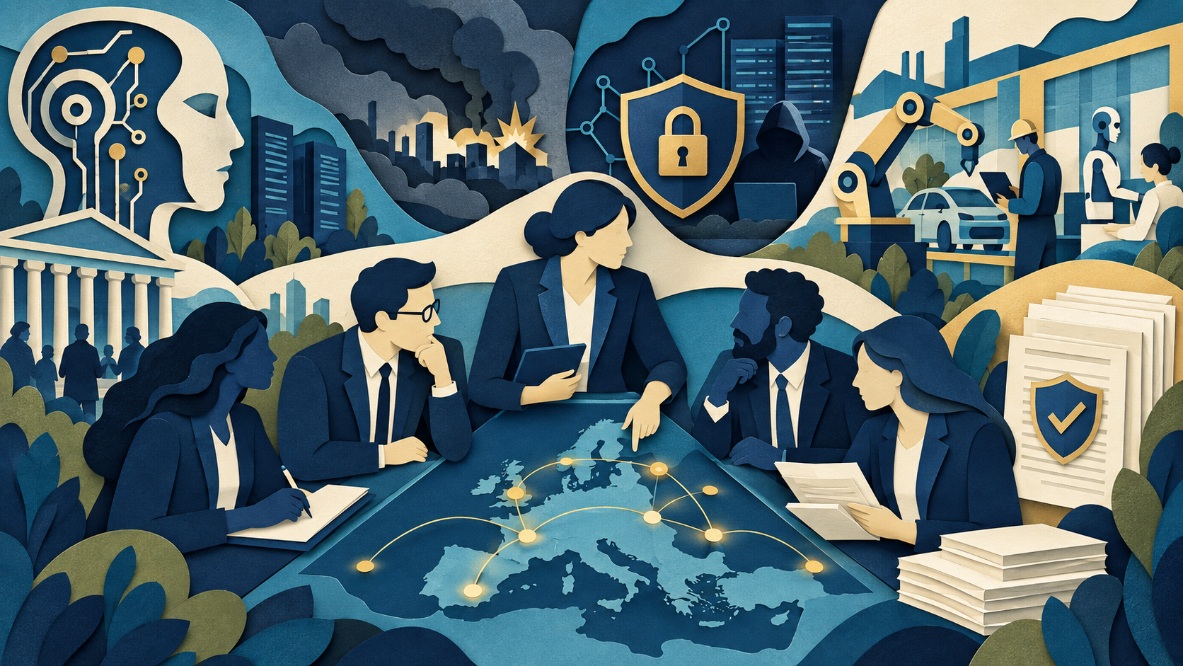 Abstract paper-cut editorial illustration of European regulators coordinating AI enforcement, frontier incidents, cybersecurity, industry adoption, and documented controls