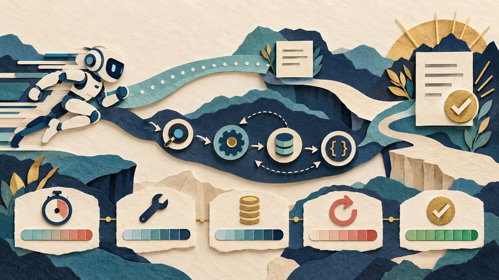 Paper-cut editorial illustration of a fast reasoning model balancing tools, latency, tokens, retries, and accepted outcomes
