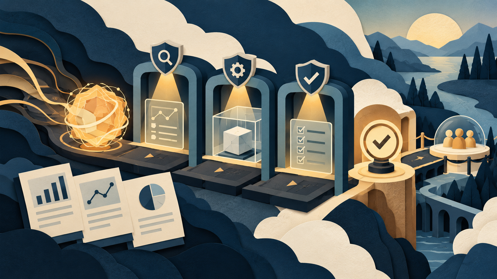 Paper-cut editorial illustration of a frontier model moving through benchmark, sandbox, safeguard, and trusted-tester gates before wider release