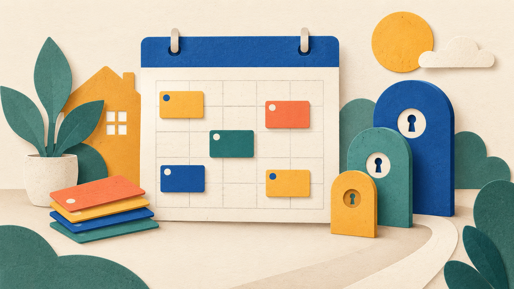Paper calendar cards connected through a permission gate beside a shared daily brief