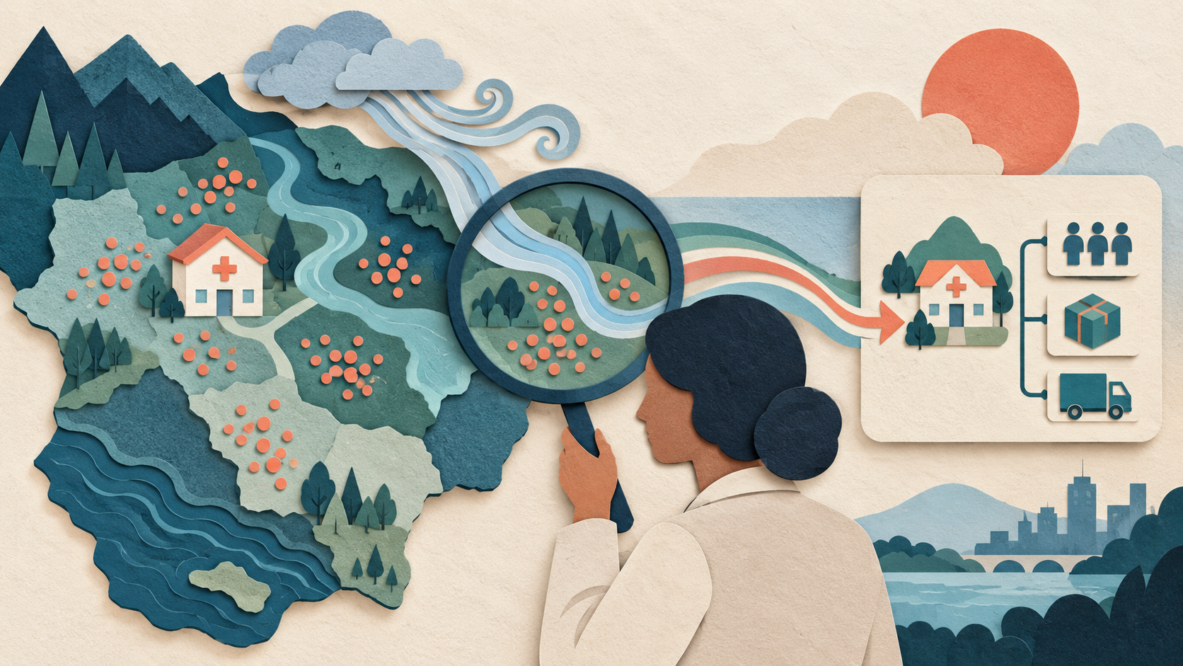 Layered paper map tiles with a clinic, population dots, environmental signals, and a human review magnifying glass