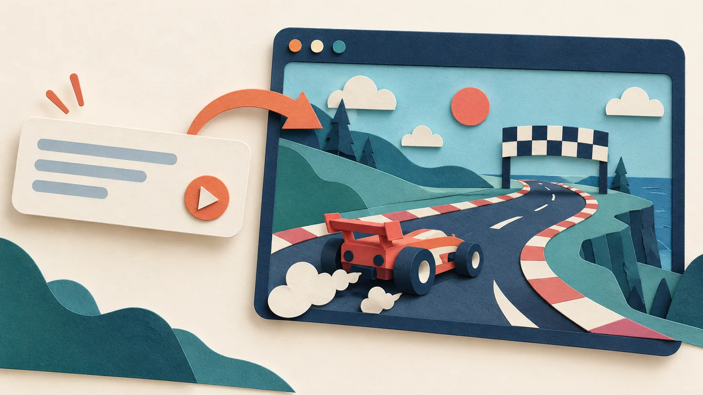 A prompt card becoming a miniature racing game inside a browser window
