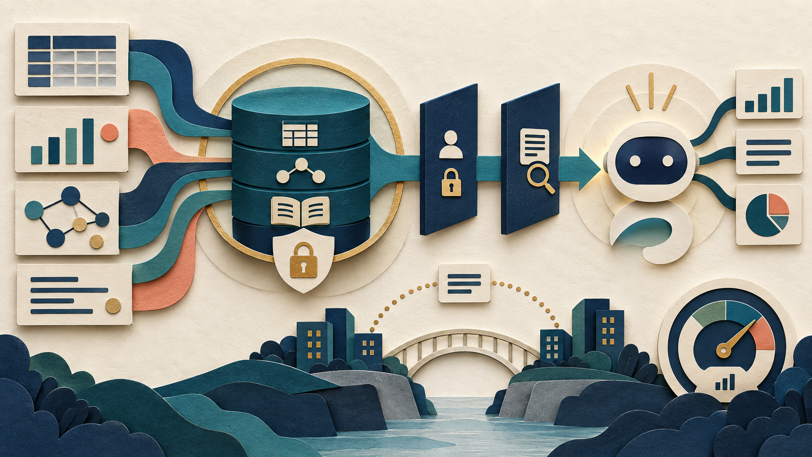 Paper-cut editorial illustration of governed business definitions feeding an assistant through access, grounding, sharing, and observability controls