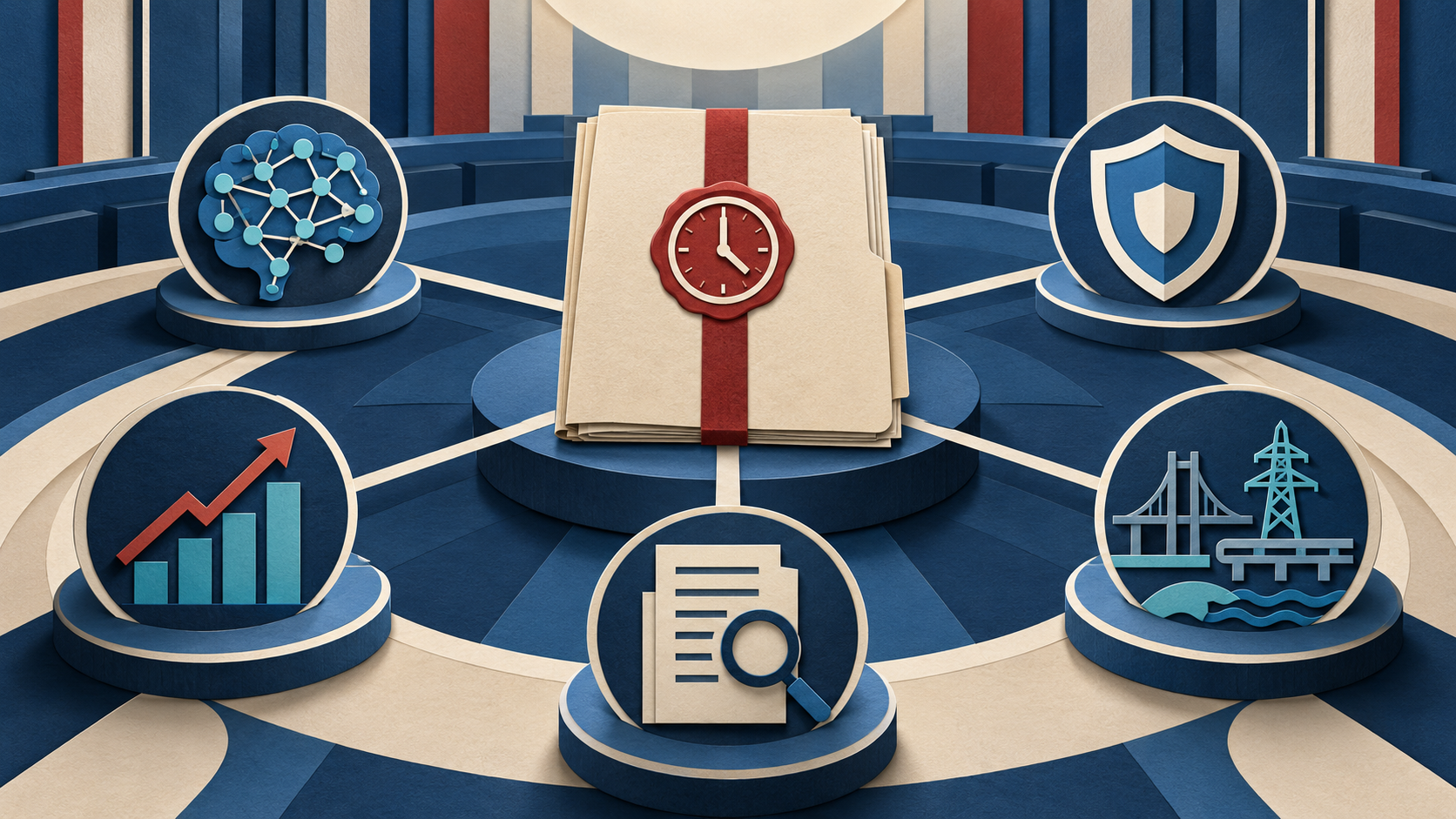 Neutral paper-cut editorial illustration of an AI policy dossier linked to public safety, economic opportunity, government oversight, and critical infrastructure symbols