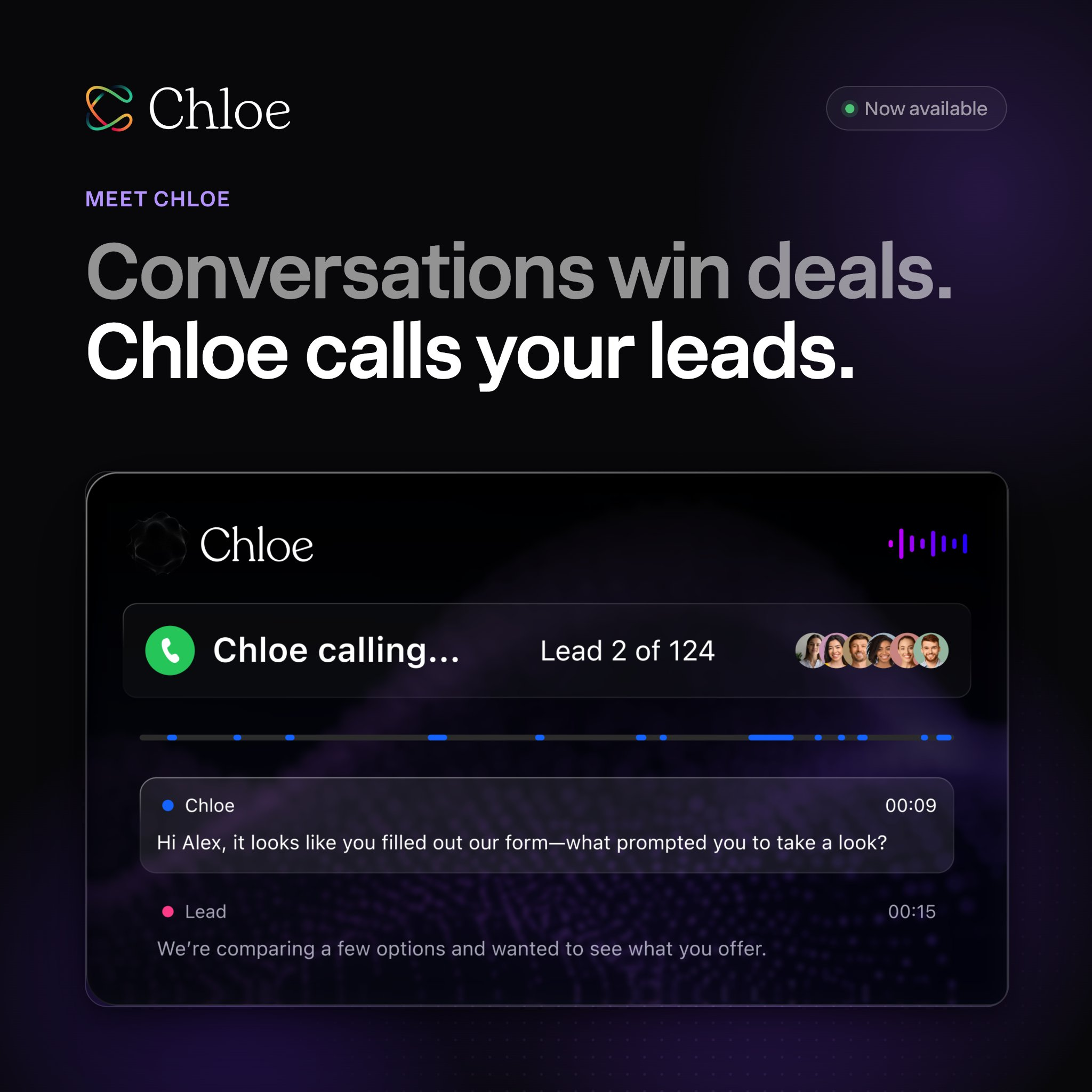 Vendor promotional graphic showing Chloe calling a lead and displaying a sample qualification transcript