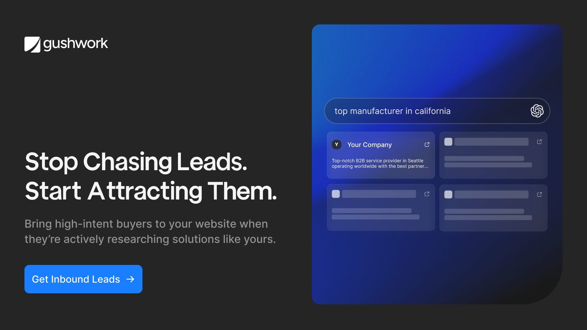 Gushwork promotional graphic showing a buyer searching for a manufacturer in an AI assistant and a company appearing in the results