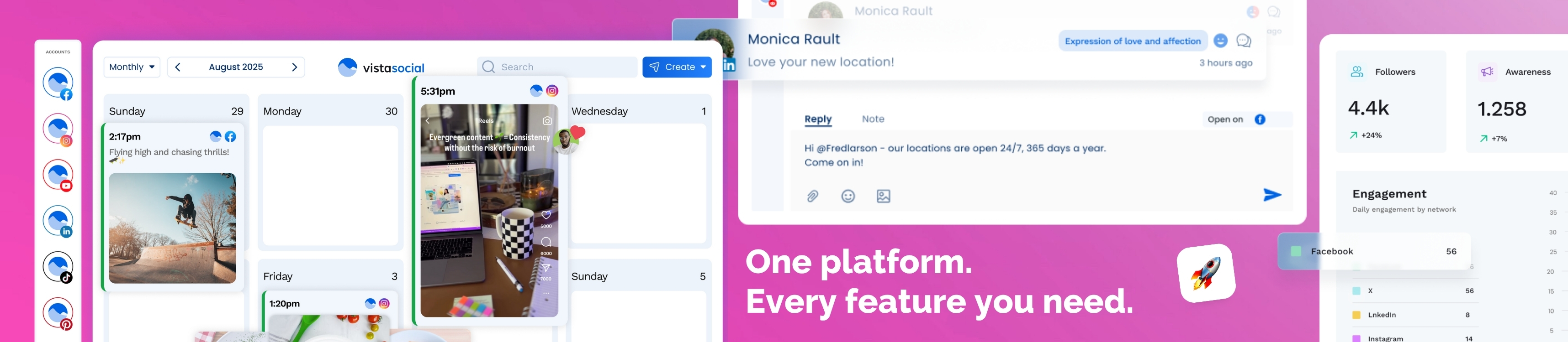 Vista Social platform interface showing a publishing calendar, social inbox reply, and analytics dashboard